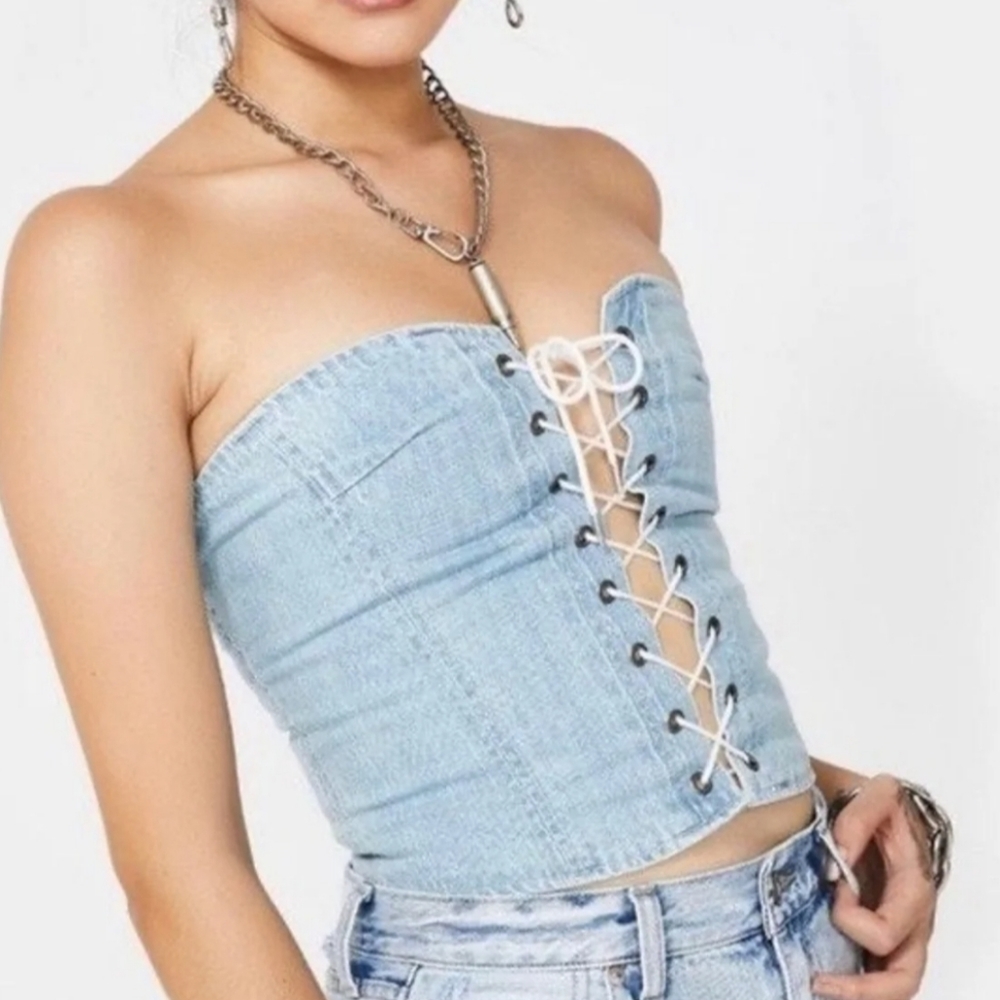 Pistola Denim Lace Front Corset Bustier Crop Top
